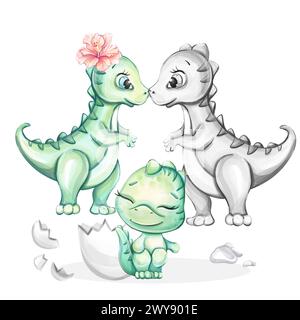 Aquarelle mignon bébé dinosaure. Famille Dino. Nouveau-né. Art de dessin animé pour la pépinière, babyshower, décor, autocollants, impressions textiles avec historique, animal sauvage Banque D'Images