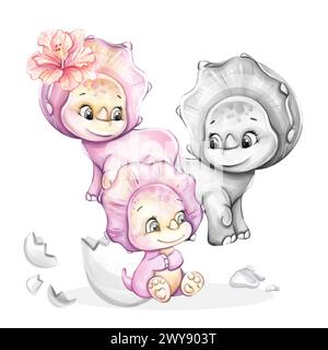 Aquarelle Cute Baby ???? dinosaure. Famille Dino. Nouveau-né. Dessin animé pour la pépinière, babyshower, décor, autocollants, imprimés textiles avec historique, sauvage a Banque D'Images