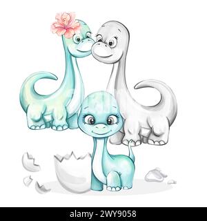 Aquarelle mignon bébé garçon dinosaure. Famille Dino. Nouveau-né. Dessin animé clip art pour la pépinière, babyshower, décor, autocollants, impressions textiles avec historique, wi Banque D'Images