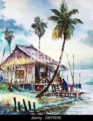 peint à la main original impressionnisme chefs-d'œuvre peintre art contemporain aquarelle peinture rurale thaïlande paysage campagne Banque D'Images