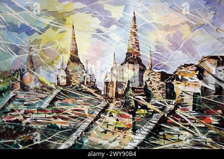 Art peinture aquarelle Temple thaïlande , Parc historique Ayutthaya , Wat Phrasisanphet Banque D'Images