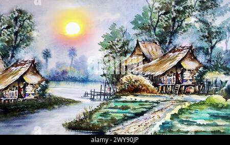 peint à la main original impressionnisme chefs-d'œuvre peintre art contemporain aquarelle peinture rurale thaïlande paysage campagne Banque D'Images