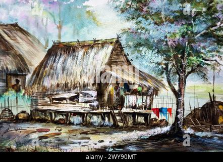 peint à la main original impressionnisme chefs-d'œuvre peintre art contemporain aquarelle peinture rurale thaïlande paysage campagne Banque D'Images