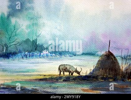 peint à la main original impressionnisme chefs-d'œuvre peintre art contemporain aquarelle peinture rurale thaïlande paysage campagne Banque D'Images