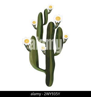 Saguaro. Cactus en fleurs avec des fleurs blanches et jaunes. Plantes pour la maison. Floriculture. Flore du désert. Illustration aquarelle isolée sur blanc Banque D'Images