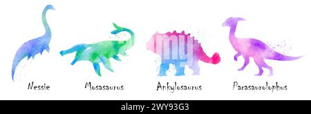 Dinosaures Nessie, Mosasaurus, Ankylosaurus, Parasaurolophus Style coloré de peinture d'aquarelle de silhouette. Jeu 4 de 5 . Illustration . Illustration de Vecteur