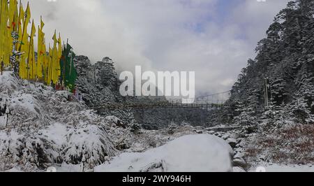 hiver froid glacial dans la vallée de yumthang, drapeaux de prière bouddhistes volant dans la vallée, entouré par les montagnes et la forêt de l'himalaya, au nord du sikkim en inde Banque D'Images