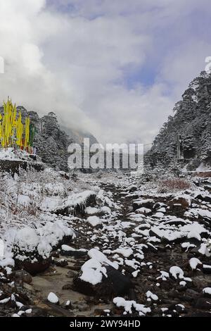 hiver froid glacial dans la vallée de yumthang, drapeaux de prière bouddhistes volant dans la vallée, entouré par les montagnes et la forêt de l'himalaya, au nord du sikkim en inde Banque D'Images