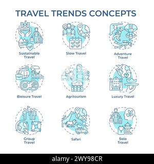 Icônes de concept bleu doux des tendances de voyage Illustration de Vecteur