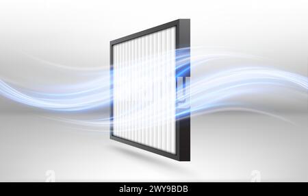 Filtre à air avec effet de vagues bleues. Filtration antibactérienne, poussière, particules solides et ventilation. Illustration de Vecteur