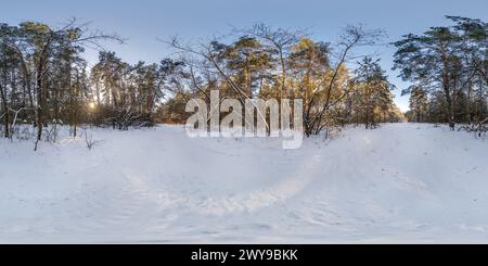 Vue panoramique à 360° de hiver pleine sphérique hdri 360 vue panoramique route dans la forêt enneigée avec le ciel bleu du soir du coucher du soleil en projection équirectangulaire. Contenu VR AR,