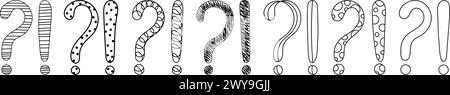 Doodle question et les points d'exclamation dessinés à la main illustration vectorielle. Collection de diverses exclamation et question attention, demander, dou Illustration de Vecteur