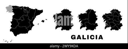 Carte de Galice, communauté autonome en Espagne. Division administrative espagnole, régions, arrondissements et municipalités. Illustration de Vecteur