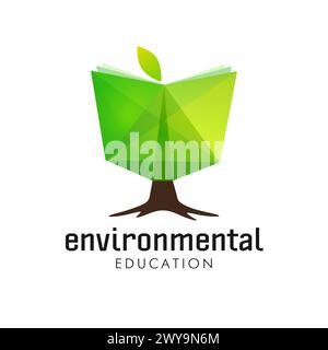 Concept de logo d'éducation environnementale. Livre vert créatif. Icône d'arborescence. Eléments isolés. Enseigne éducative. Symbole d'exploration de l'énergie verte. Staine Illustration de Vecteur