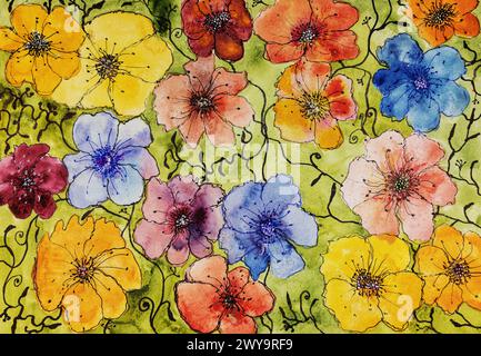 Fleurs sauvages à l'aquarelle griffonnées d'éléments décoratifs. La technique de tamponnage près des bords donne un effet de flou dû à la modification de la surface ro Banque D'Images