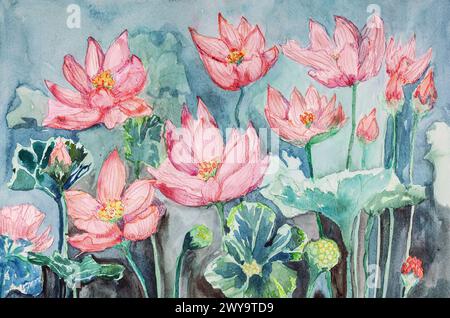 Peinture de jardin de fleurs et de feuilles de lotus. La technique de tamponnage près des bords donne un effet de flou dû à la rugosité de surface modifiée de th Banque D'Images