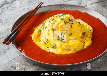 Tornade omelette tourbillonnante asiatique avec riz frit et sauce piquante gros plan dans une assiette sur la table. Horizontal Banque D'Images