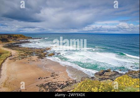 Sunnyside Beach Cullen Aberdeenshire Écosse vue sur la plage de roche et de sable la mer et la gorge jaune au printemps Banque D'Images