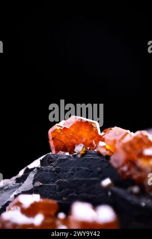 Cristaux de vanadinite orange sur fond noir du maroc. fond de texture de détail de photographie macro. gros plan brut brut non poli semi-précieux Banque D'Images