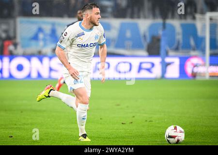 Marseille, France. 31 mars 2024. MARSEILLE, FRANCE - MARS 31 : Jordan Veretout de Marseille en action lors du match de Ligue 1 Uber Eats entre l'Olympique de Marseille et le Paris Saint-Germain au Vélodrome d'Orange le 31 mars 2024 à Marseille, France. (Photo Matthieu Mirville/Agence BSR) crédit : Agence BSR/Alamy Live News Banque D'Images