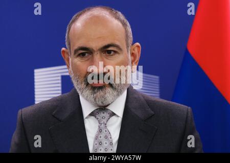 Bruxelles, Belgique. 05th Apr, 2024. Déclarations à la presse de Nikol PASHINYAN, premier ministre arménien, à l'approche de la réunion de haut niveau UE-États-Unis-Arménie pour soutenir la résilience de l'Arménie à Bruxelles, Belgique, le 5 avril 2024. Crédit : ALEXANDROS MICHAILIDIS/Alamy Live News Banque D'Images