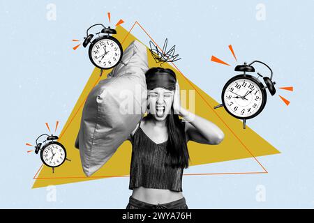 Image d'esquisse d'art de tendance composite collage de photo 3D de jeune femme attrayante couverture oreilles réveils sonnent cloche tôt le matin Banque D'Images