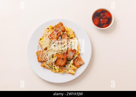 Bot chien également connu sous le nom de gâteau de farine de riz frit Vietnamiens avec des œufs, nourriture vietnamienne isolée sur fond blanc, vue de dessus Banque D'Images