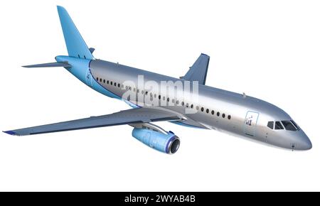 rendu 3d d'un avion de passagers moderne avec queue et moteurs bleus, isolé sur un fond blanc Banque D'Images
