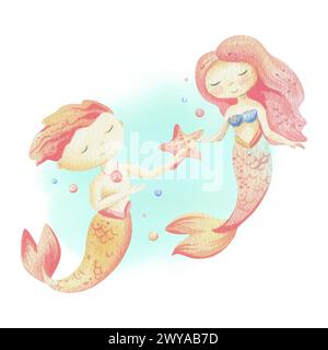 Couple de sirènes garçon et fille avec étoiles de mer et bulles. Illustration aquarelle dessinée à la main avec des couleurs pastel turquoise, bleu, menthe, corail, pêche Banque D'Images