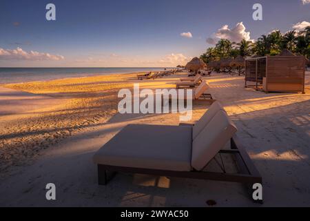 Vue de la plage dorée près de Puerto Morelos, Côte des Caraïbes, péninsule du Yucatan, Mexique, Amérique du Nord Copyright : FrankxFell 844-32687 Banque D'Images
