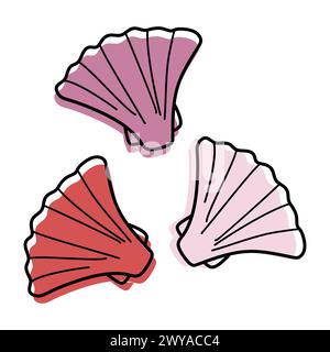 Cute Linear Seashell Doodle Icon Set. Coquilles de mer dessinées à la main, illustration d'art de clip vectoriel isolé. Dessin de contour avec formes de couleur. Ocean Living Or Illustration de Vecteur