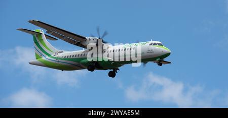 Tenerife, Espagne 31 mars 2024. ATR 72-600 Binter Canarias Airlines vole dans le ciel bleu. Atterrissage à l'aéroport de Tenerife Banque D'Images
