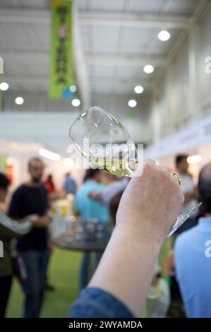 Dégustation de vin écologique. Bioterra, foire des produits biologiques, de la gestion écologique et de l'environnement, FICOBA, foire internationale de la Côte Basque. Irun, Gipuzkoa, pays Basque, Espagne. Banque D'Images