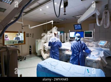 Cathétérisme coronaire, hémodynamique. Hôpital Policlinica Gipuzkoa, Saint-Sébastien, Donostia, Euskadi, Espagne. Banque D'Images