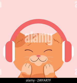 Chat tabby rouge mignon dans les écouteurs. Chat écoutant de la musique les yeux fermés. Personnage de dessin animé mignon. Illustration vectorielle Illustration de Vecteur