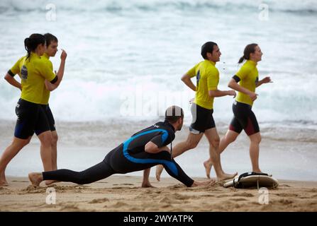 Surf, plage Zurriola, Donostia, Saint-Sébastien, Gipuzkoa, Euskadi, Espagne. Banque D'Images