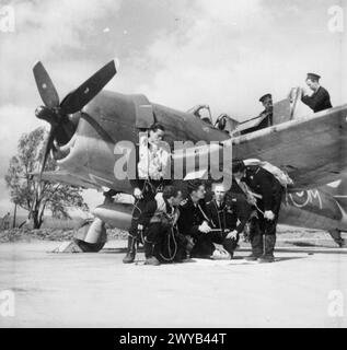 LES HOLLANDAIS VOLANTS DE FLEET AIR ARM. 23 JUIN 1944, ROYAL NAVY AIR STATION EGLINGTON, IRLANDE DU NORD. L'ESCADRON 1840 ÉQUIPÉ DE HELLCATS, ET STATIONNÉ À EGLINGTON, EST COMPOSÉ DE PLUS DE 80% DE HOLLANDAIS. - Les pilotes néerlandais, qui volent maintenant avec la Fleet Air Arm, reçoivent des instructions de dernière minute de leur commandant, le lieutenant CdR Richardson, de Nouvelle-Zélande, avant de mener des attaques air-sol pendant l'entraînement à une Royal Naval Air Station. Les armuriers réarment les six mitrailleuses Browning de 0,5 pouces du Hellcat. , Banque D'Images