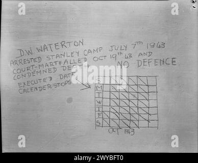 Prisonniers de guerre et internés au camp d'internement civil de Stanley, Hong Kong, ont inscrit les noms et dates d'exécution sur les murs des cellules. La photographie montre l'inscription de D. W. Waterton, exécutée pour la construction et l'utilisation d'une radio. Banque D'Images