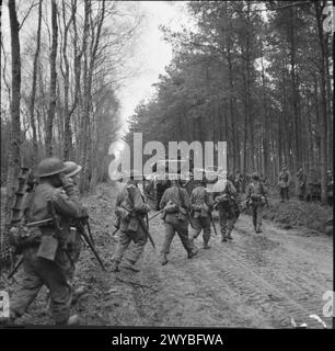 Le 10 février 1945, les hommes du 2nd Seaforth Highlanders avancent avec des chars Churchill à travers la forêt de Reichswald dans le nord-ouest de l'Europe. Banque D'Images