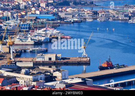 Puerto y Ria de Vigo, Vista desde Parque Monte do Castro, Vigo, Pontevedra, Galice, Espagne. Banque D'Images