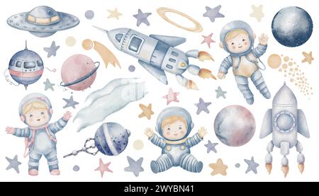 Jeu d'aquarelles d'espace. Illustrations avec cosmos, planètes, cosmonautes et vaisseau spatial pour des cartes de voeux de douche de bébé ou des invitations d'anniversaire enfantines dans des couleurs bleu pastel et rose. Design mignon pour les enfants. Banque D'Images