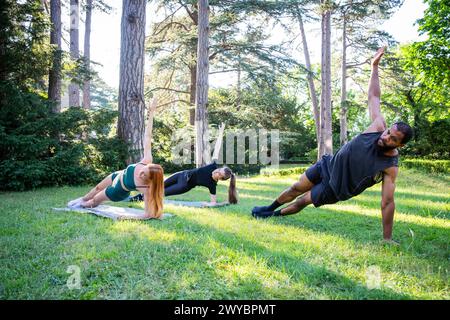 Trois personnes font du yoga dans un parc. L'un d'eux fait une planche. Les deux autres font la prise de planche latérale haute. Scène est paisible et relaxant Banque D'Images