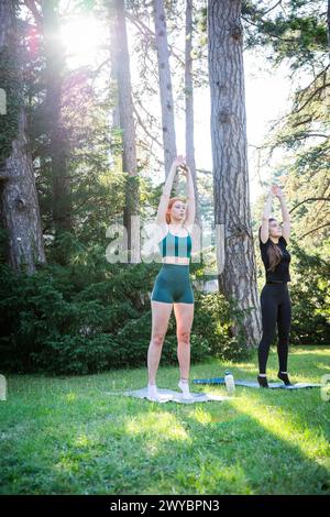 Deux femmes font du yoga dans un parc pendant une belle journée d'été, photo verticale. Banque D'Images