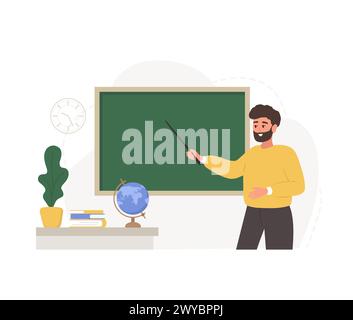 Enseignant masculin en classe. Pédagogue avec pointeur au tableau. Concept d'école et de collège. Illustration vectorielle dans le style de dessin animé plat Illustration de Vecteur