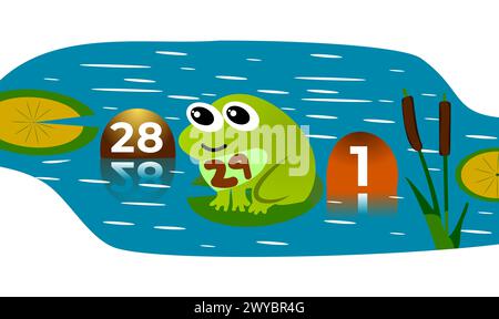 Joyeux jour de saut une grenouille sur le tapis de nénuphar dans un étang calme. Journée bissextile 29 février 2024 bonne journée bissextile. Année bissextile, vingt-neuf, 2024, 29 Illustration de Vecteur