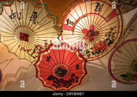 Parapluies délicats en papier peints avec des motifs asiatiques traditionnels affichés dans un cadre culturel, créant une composition atmosphérique Banque D'Images