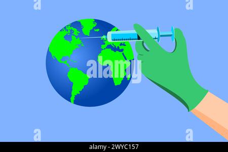Journée mondiale de la santé 7 avril, protéger l'injection mondiale dans la main de gant vert sur l'illustration vectorielle de la carte Globe. Illustration de Vecteur
