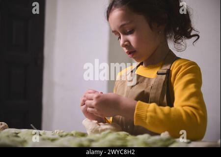 Petite fille rembourrant et moulant boulettes dans la cuisine rustique à la maison. Enfant fille de 6 ans dans le tablier beige chef, apprentissage culinaire. Cours de cuisine Banque D'Images