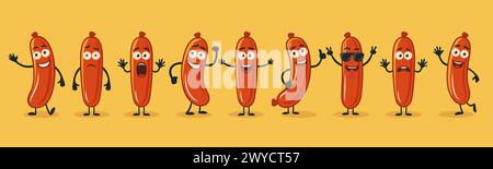 Personnages mignons et drôles de saucisse de dessin animé dans différentes poses et émotions. Jeu de caractères de saucisse Flat Cartoon. Illustration vectorielle Illustration de Vecteur