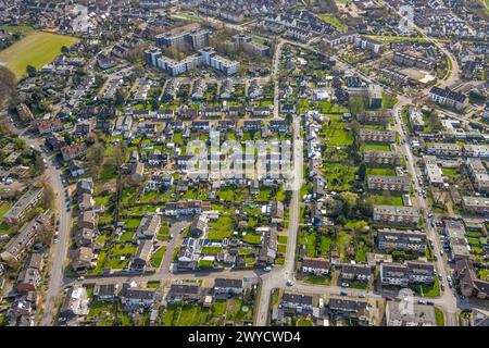 Vue aérienne, zone résidentielle autour de Taubenstraße et Kranichweg, gratte-ciel, Hiesfeld, Dinslaken, Rhénanie-du-Nord-Westphalie, Allemagne, Aeri Banque D'Images